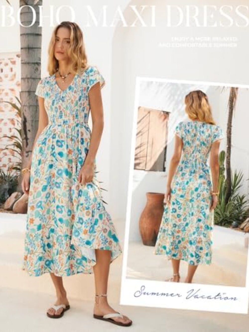 Kate Kasin Floral Boho Maxi Dress in Blue and Cream
